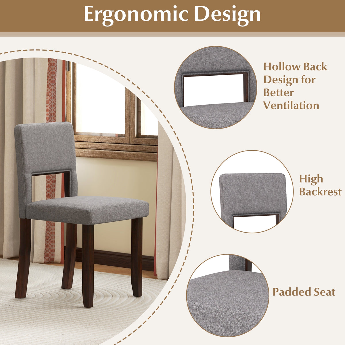 Set of 2 Wooden Dining Chair with Acacia Wood Frame Padded Seat and Back-Gray-Dining Chairs-DECOROLALA