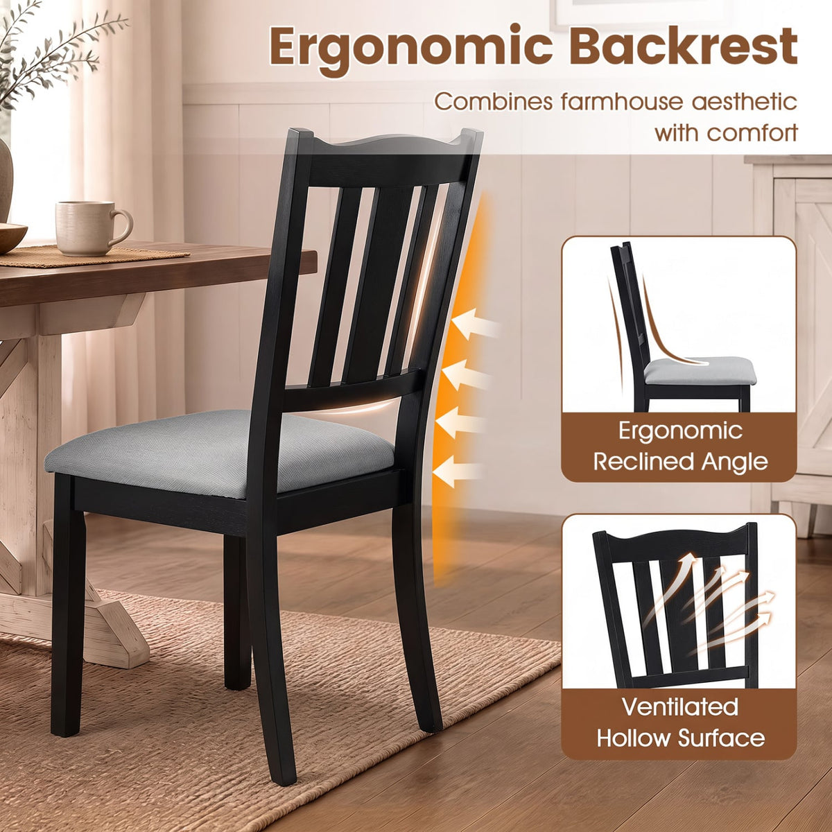 Set of 2 Wooden Dining Chair with Hollow Back and Soft-padded Cushion-Black-Dining Chairs-DECOROLALA