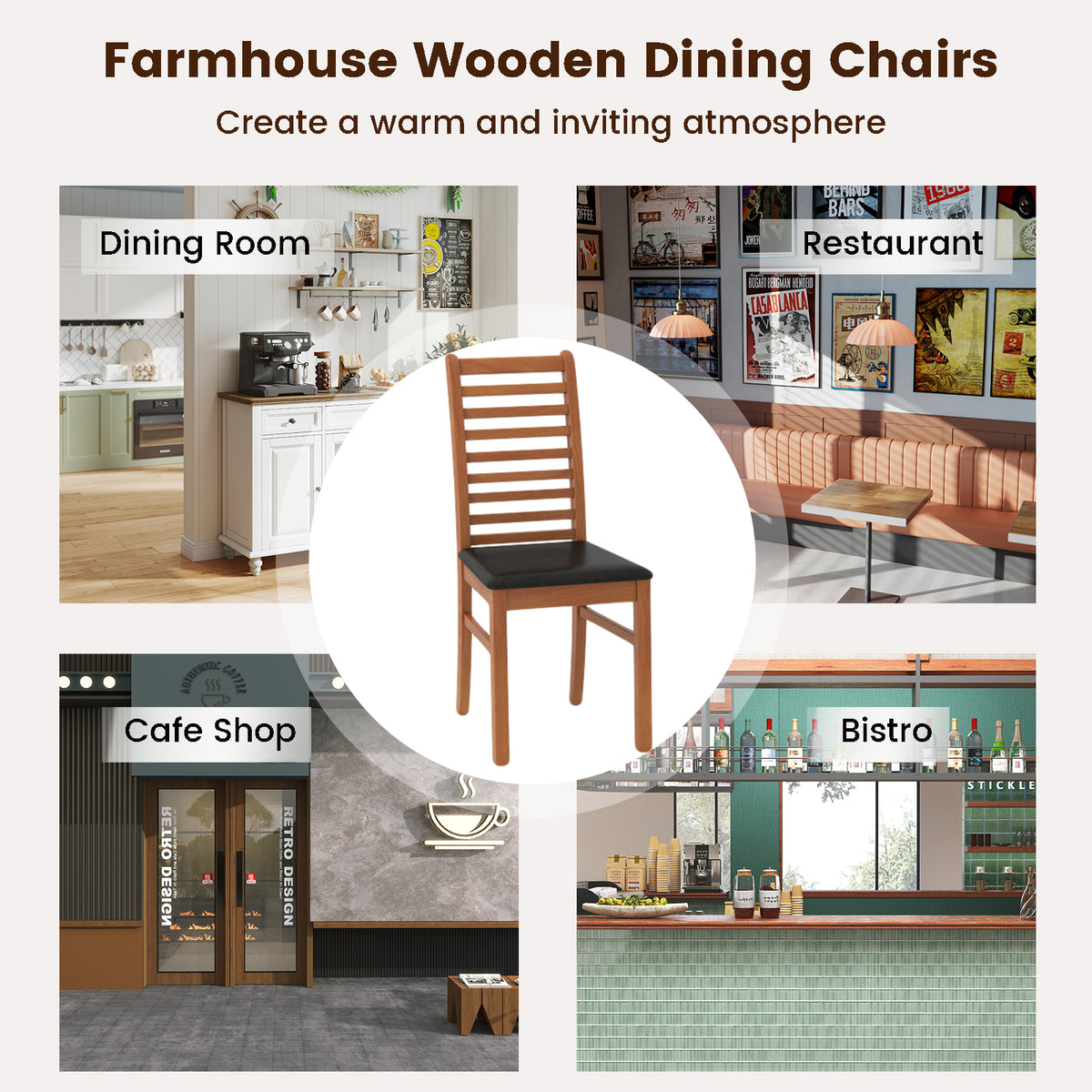 Set of 2 Wooden Dining Chair with Rubber Wood Legs for Living Room-Brown-Dining Chairs-DECOROLALA