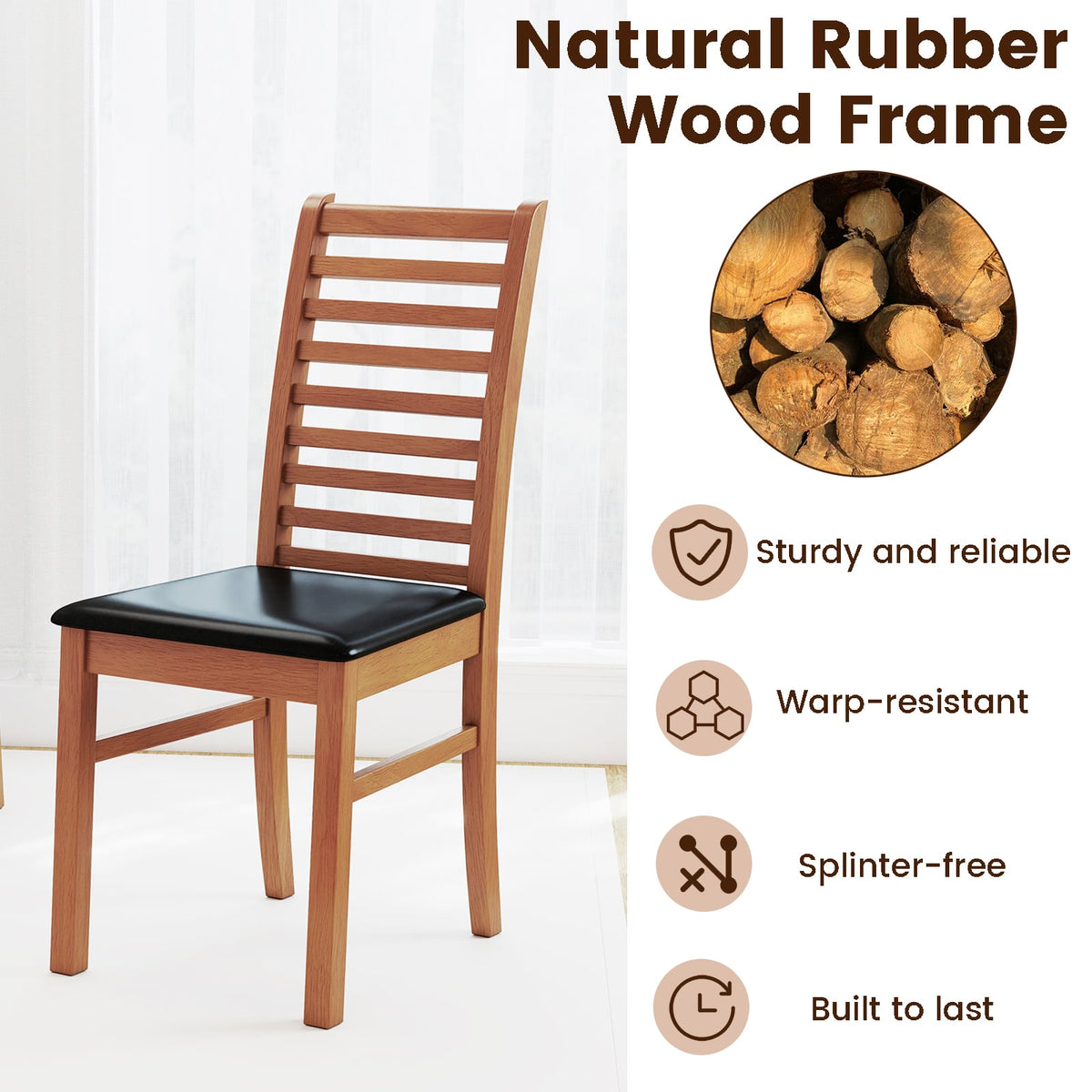 Set of 2 Wooden Dining Chair with Rubber Wood Legs for Living Room-Brown-Dining Chairs-DECOROLALA