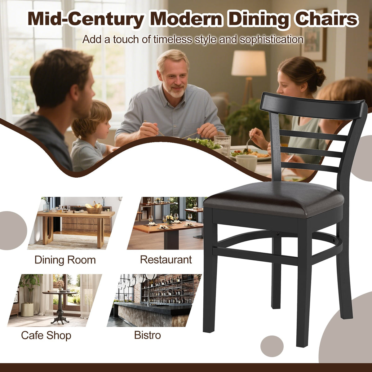 Set of 2 Wooden Dining Chair with Rubber Wood Legs for Restaurant-Black-Dining Chairs-DECOROLALA