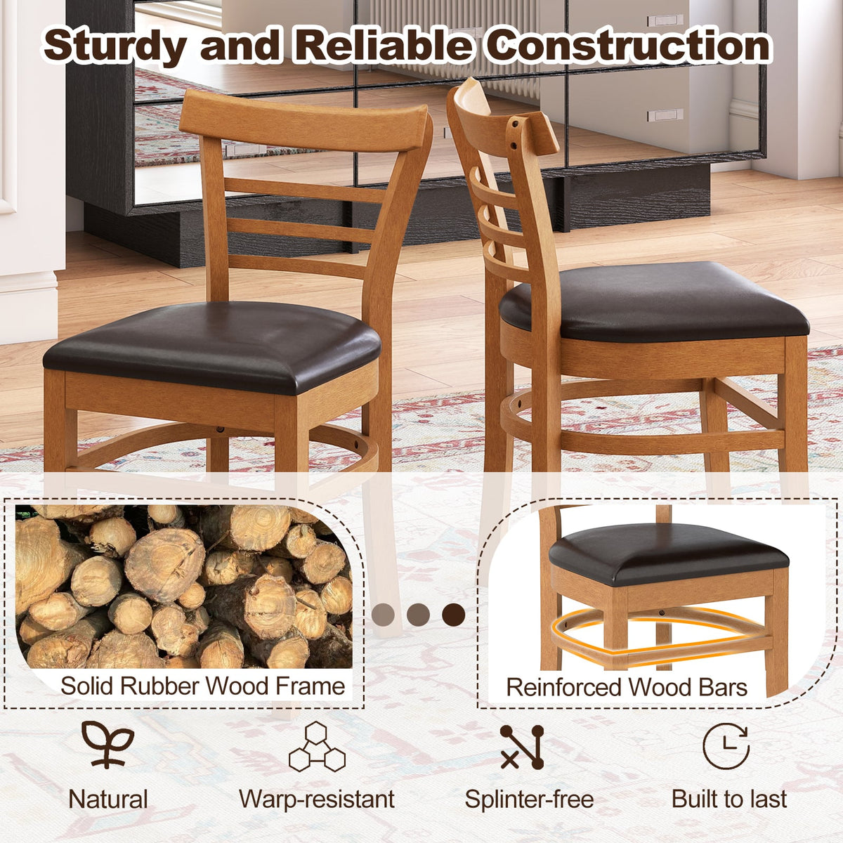 Set of 2 Wooden Dining Chair with Rubber Wood Legs for Restaurant-Brown-Dining Chairs-DECOROLALA