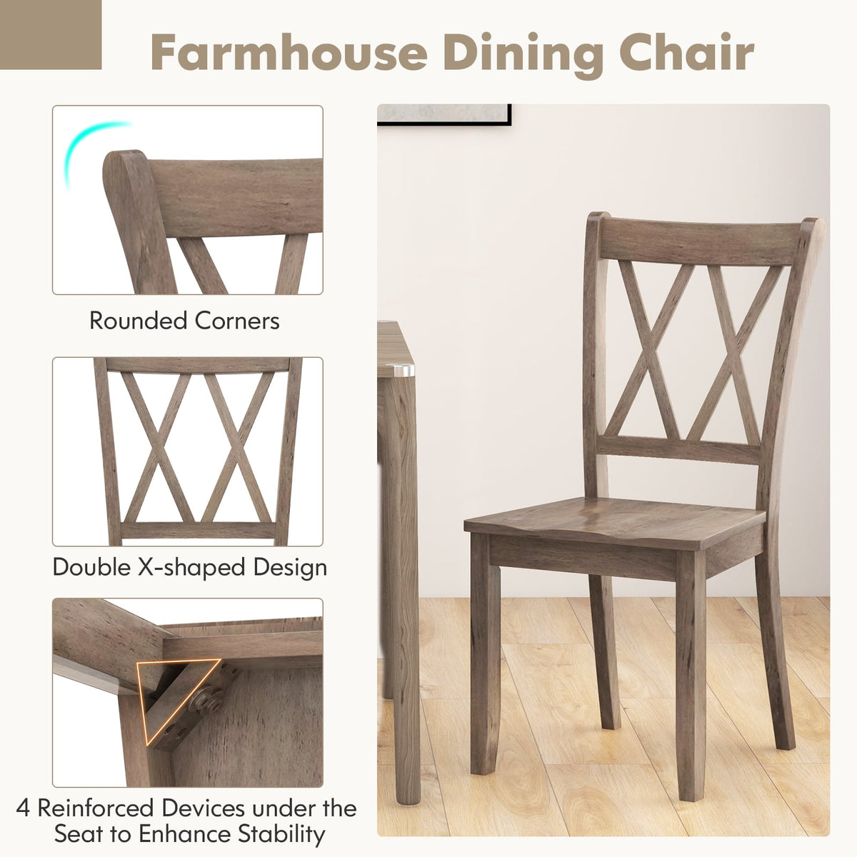 Set of 2 Wooden Dining Chairs Mid Century Farmhouse Retro Kitchen Chairs-Brown-Dining Chairs-DECOROLALA