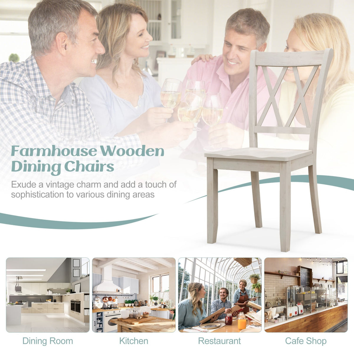 Set of 2 Wooden Dining Chairs Mid Century Farmhouse Retro Kitchen Chairs-White-Dining Chairs-DECOROLALA