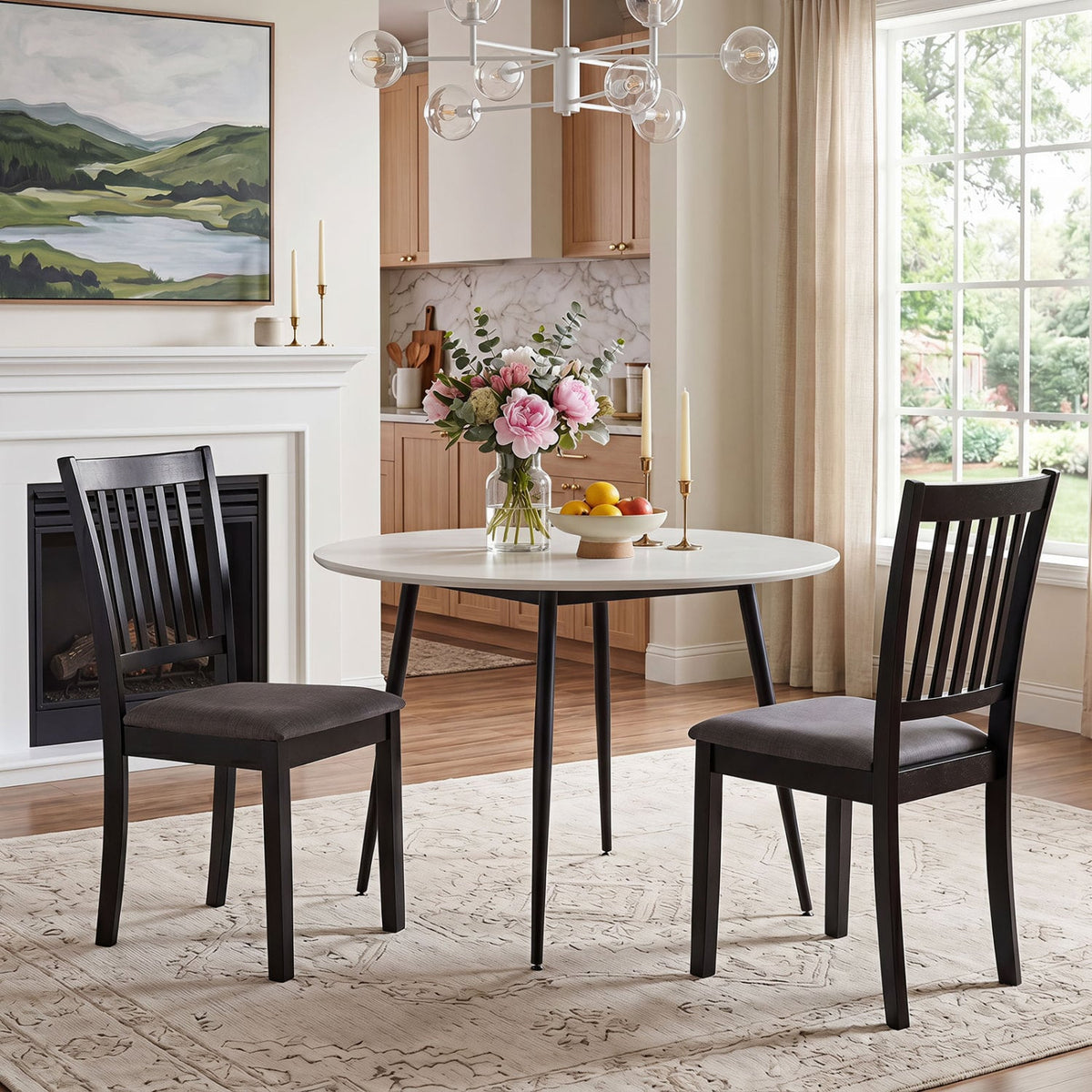 Set of 2 Wooden Dining Chairs Upholstered Kitchen Chairs with Rubber Wood Frame-Black-Dining Chairs-DECOROLALA