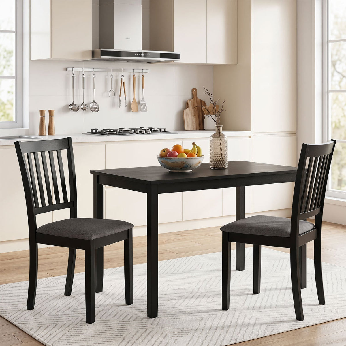 Set of 2 Wooden Dining Chairs Upholstered Kitchen Chairs with Rubber Wood Frame-Black-Dining Chairs-DECOROLALA