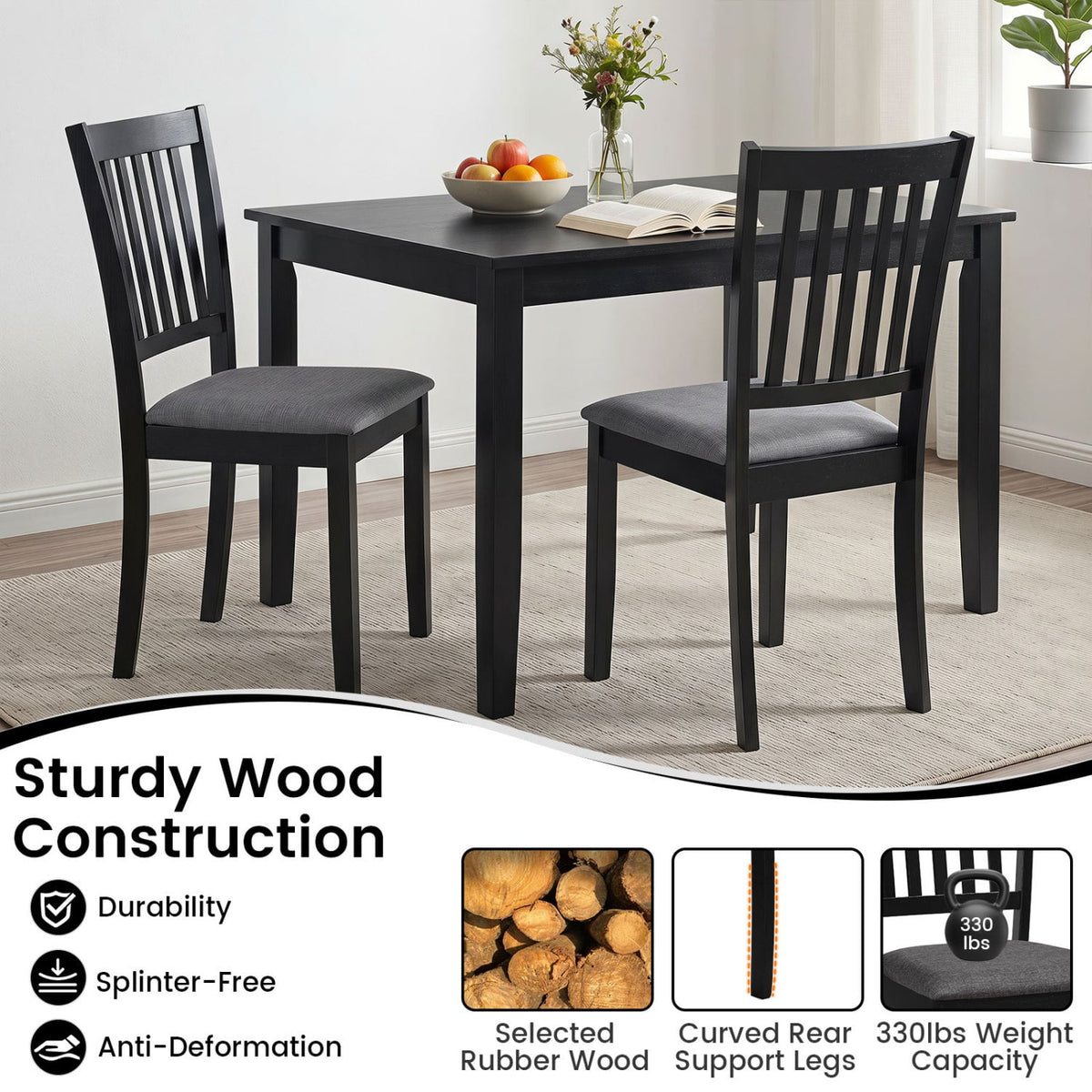 Set of 2 Wooden Dining Chairs Upholstered Kitchen Chairs with Rubber Wood Frame-Black-Dining Chairs-DECOROLALA