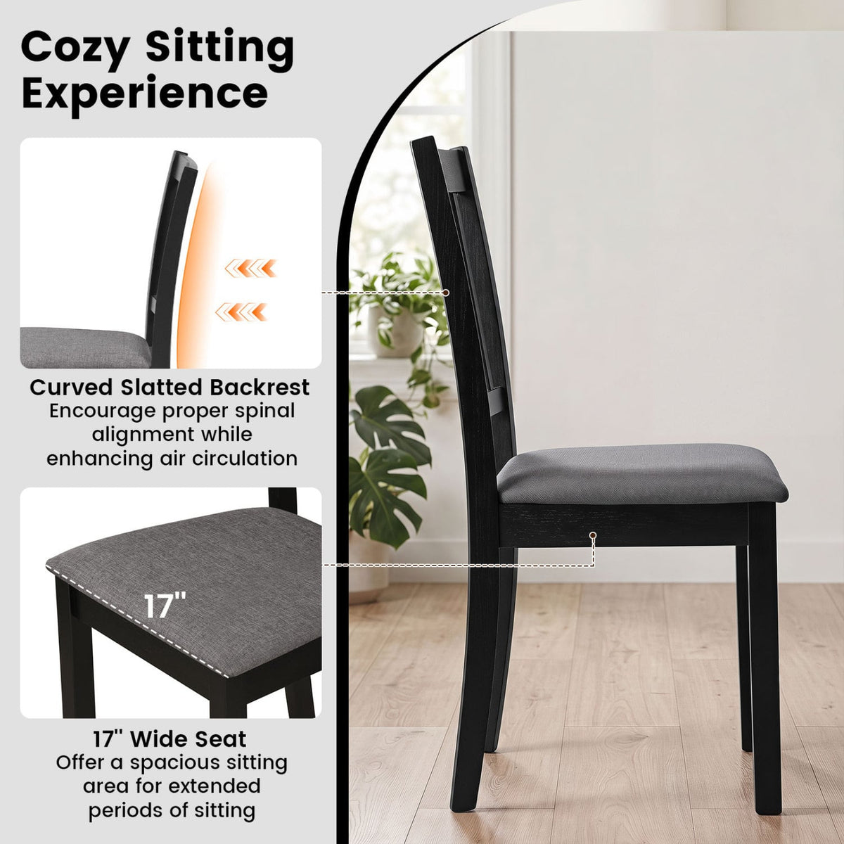 Set of 2 Wooden Dining Chairs Upholstered Kitchen Chairs with Rubber Wood Frame-Black-Dining Chairs-DECOROLALA