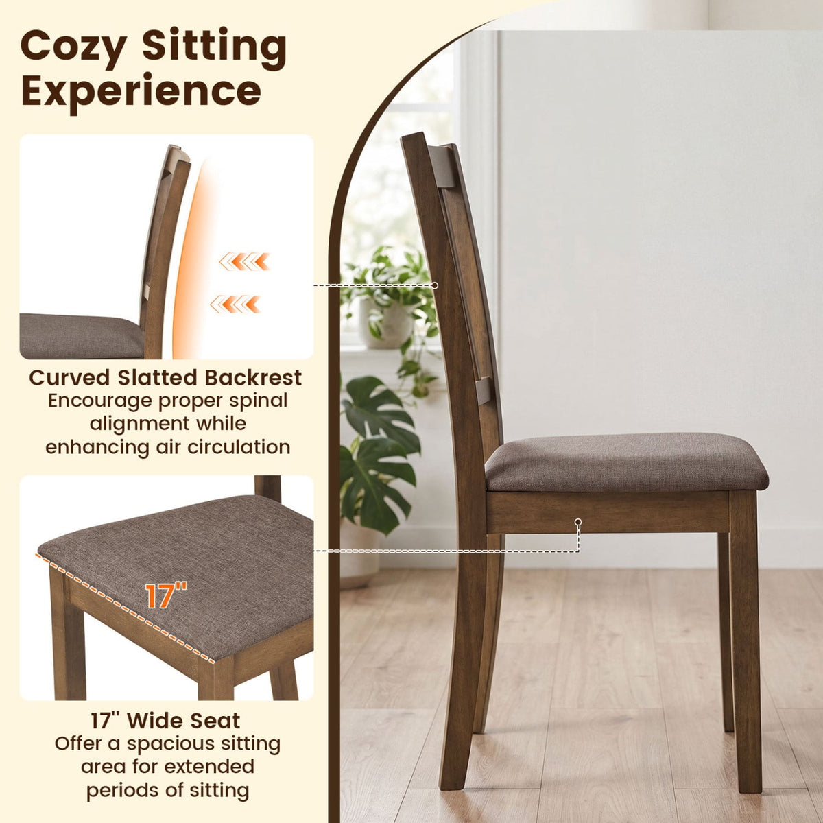 Set of 2 Wooden Dining Chairs Upholstered Kitchen Chairs with Rubber Wood Frame-Brown-Dining Chairs-DECOROLALA