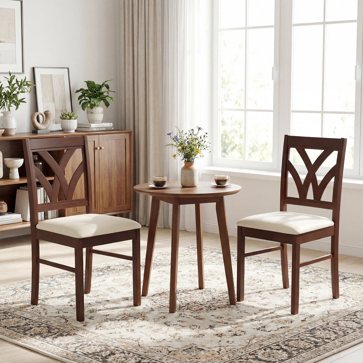 Set of 2 Wooden Dining Chairs Upholstered with Hollowed Backrest and Soft Padded Seat-Brown-Dining Chairs-DECOROLALA