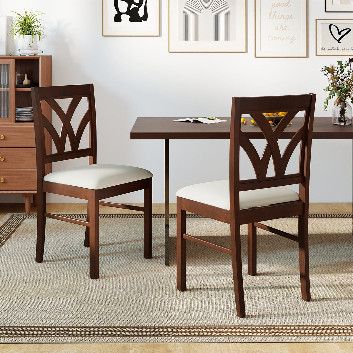 Set of 2 Wooden Dining Chairs Upholstered with Hollowed Backrest and Soft Padded Seat-Brown-Dining Chairs-DECOROLALA