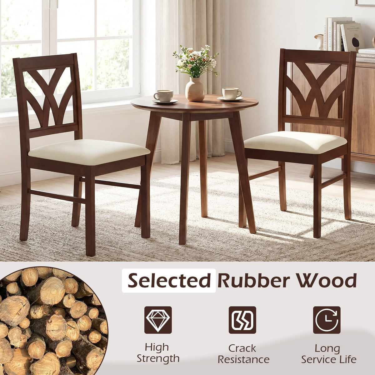 Set of 2 Wooden Dining Chairs Upholstered with Hollowed Backrest and Soft Padded Seat-Brown-Dining Chairs-DECOROLALA