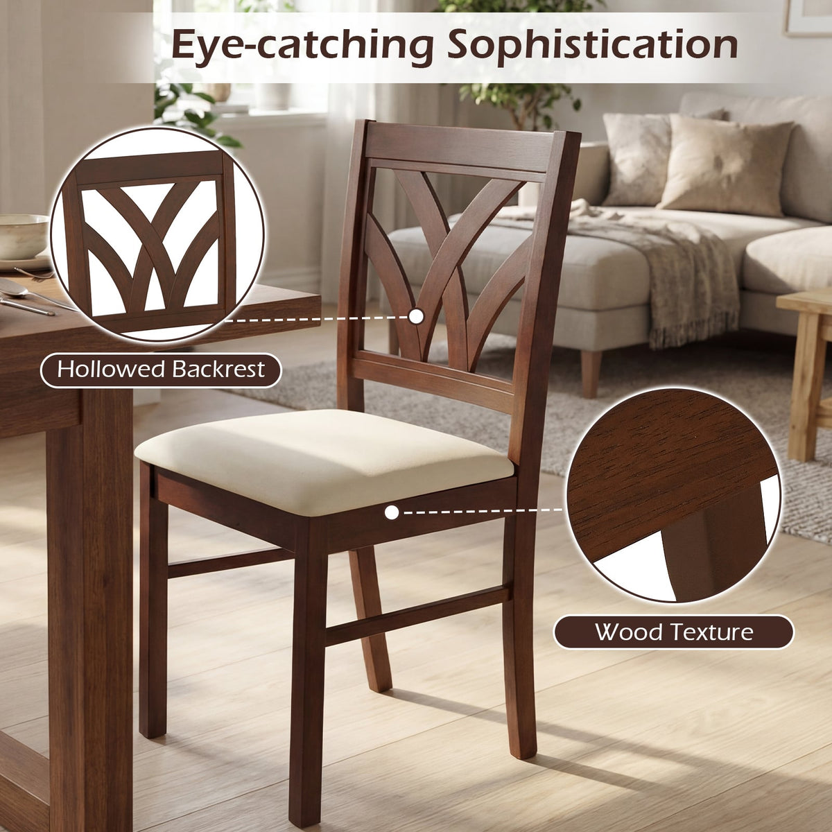 Set of 2 Wooden Dining Chairs Upholstered with Hollowed Backrest and Soft Padded Seat-Brown-Dining Chairs-DECOROLALA