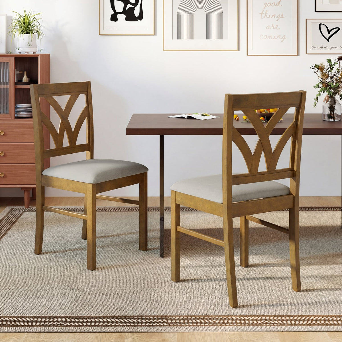 Set of 2 Wooden Dining Chairs Upholstered with Hollowed Backrest and Soft Padded Seat-Oak-Dining Chairs-DECOROLALA