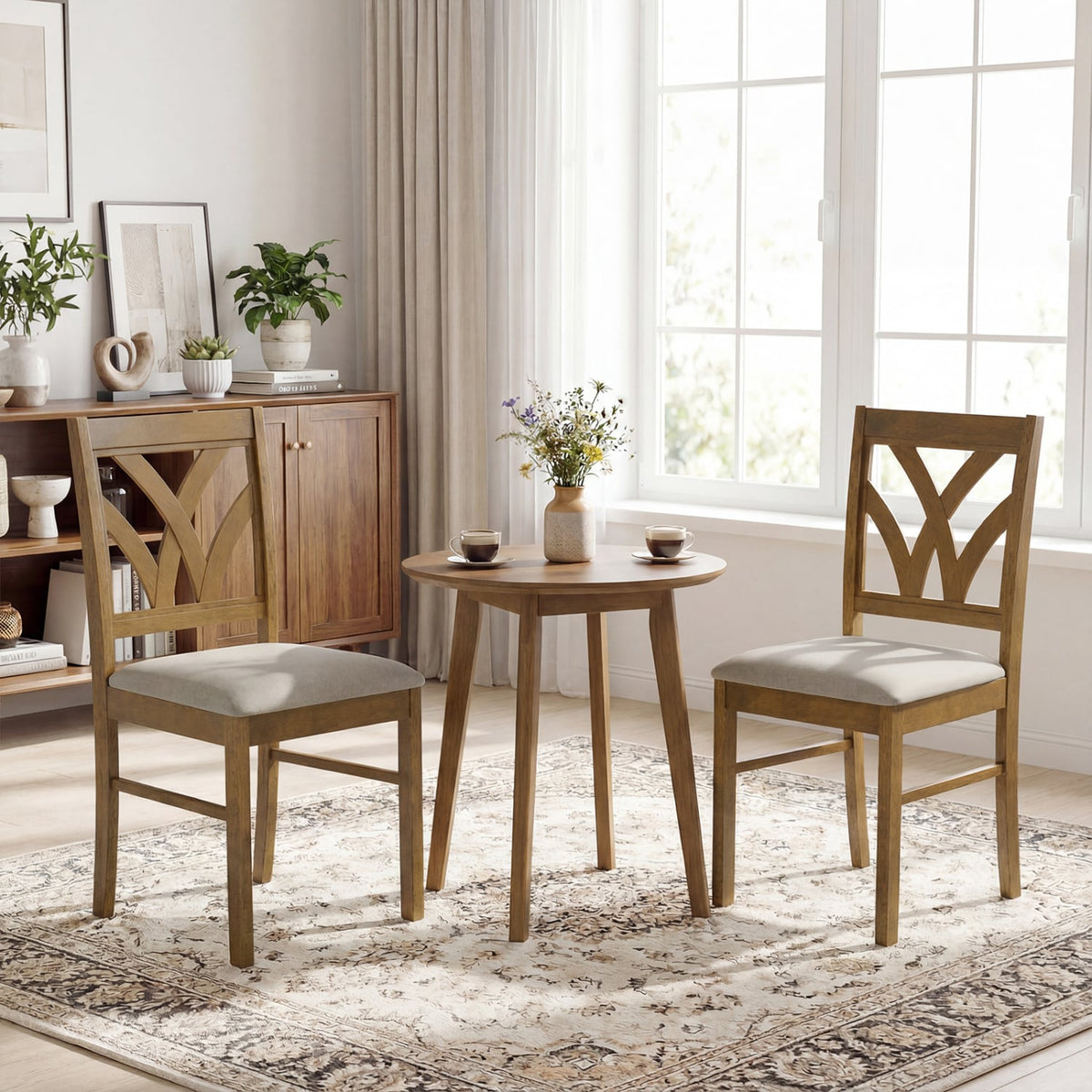 Set of 2 Wooden Dining Chairs Upholstered with Hollowed Backrest and Soft Padded Seat-Oak-Dining Chairs-DECOROLALA