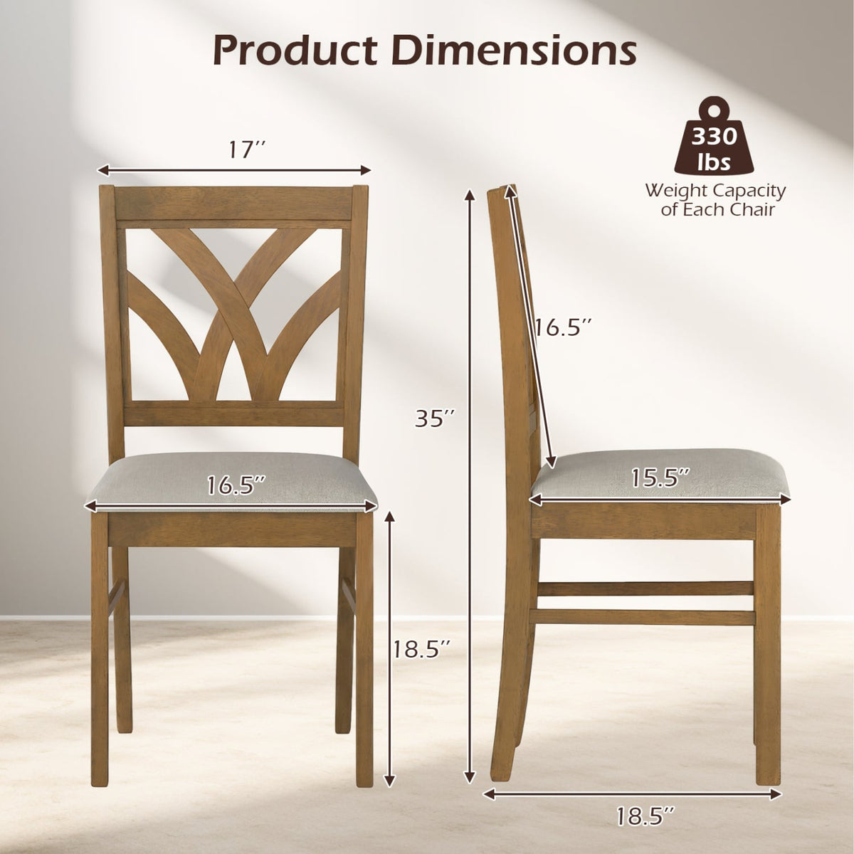 Set of 2 Wooden Dining Chairs Upholstered with Hollowed Backrest and Soft Padded Seat-Oak-Dining Chairs-DECOROLALA