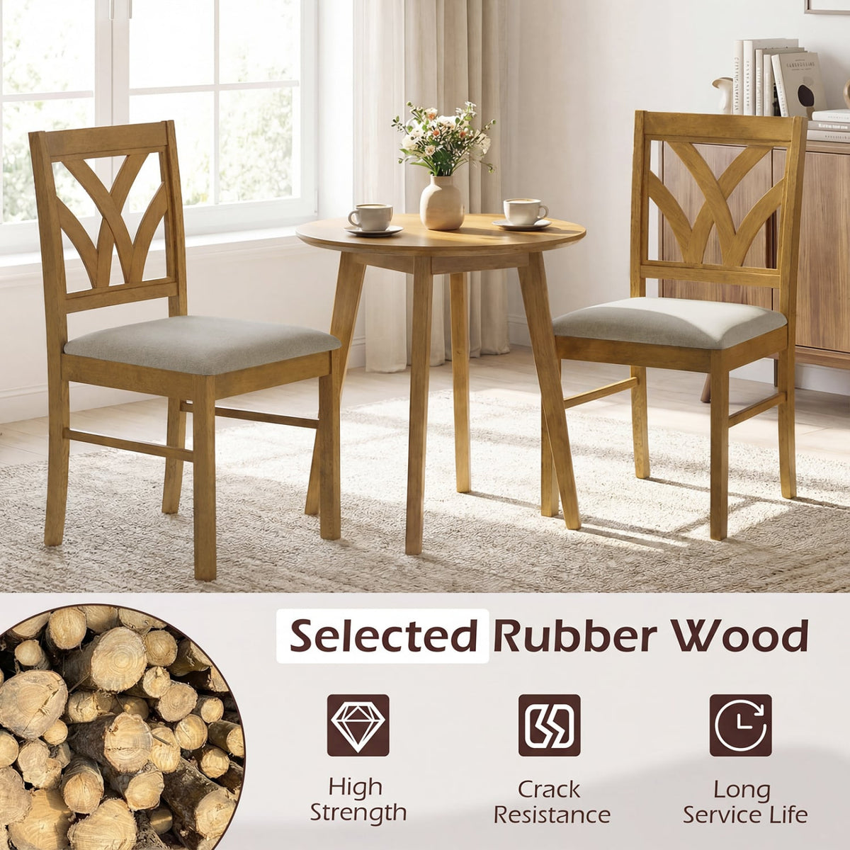 Set of 2 Wooden Dining Chairs Upholstered with Hollowed Backrest and Soft Padded Seat-Oak-Dining Chairs-DECOROLALA