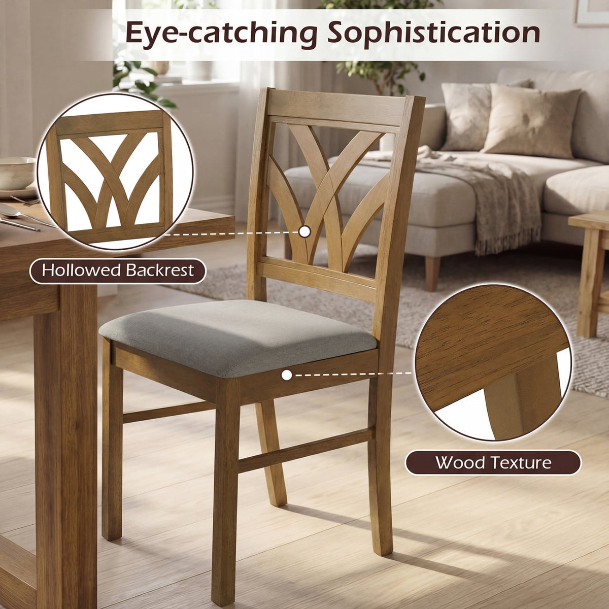 Set of 2 Wooden Dining Chairs Upholstered with Hollowed Backrest and Soft Padded Seat-Oak-Dining Chairs-DECOROLALA