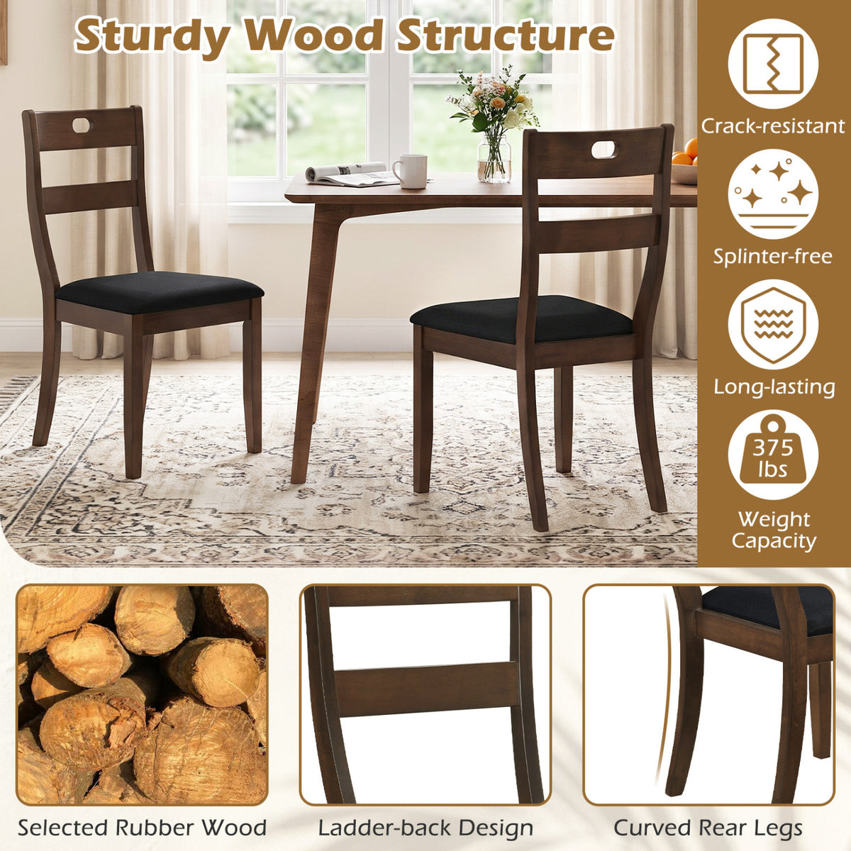 Set of 2 Wooden Dining Chairs with Padded Seats and Rubber Wood Frame-Walnut-Dining Chairs-DECOROLALA