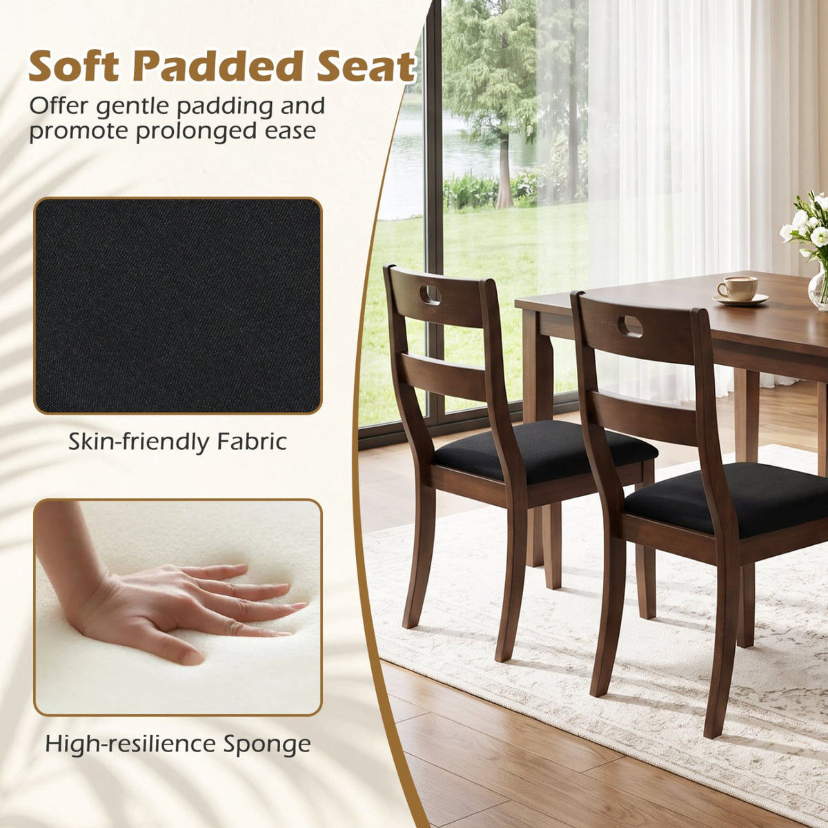 Set of 2 Wooden Dining Chairs with Padded Seats and Rubber Wood Frame-Walnut-Dining Chairs-DECOROLALA