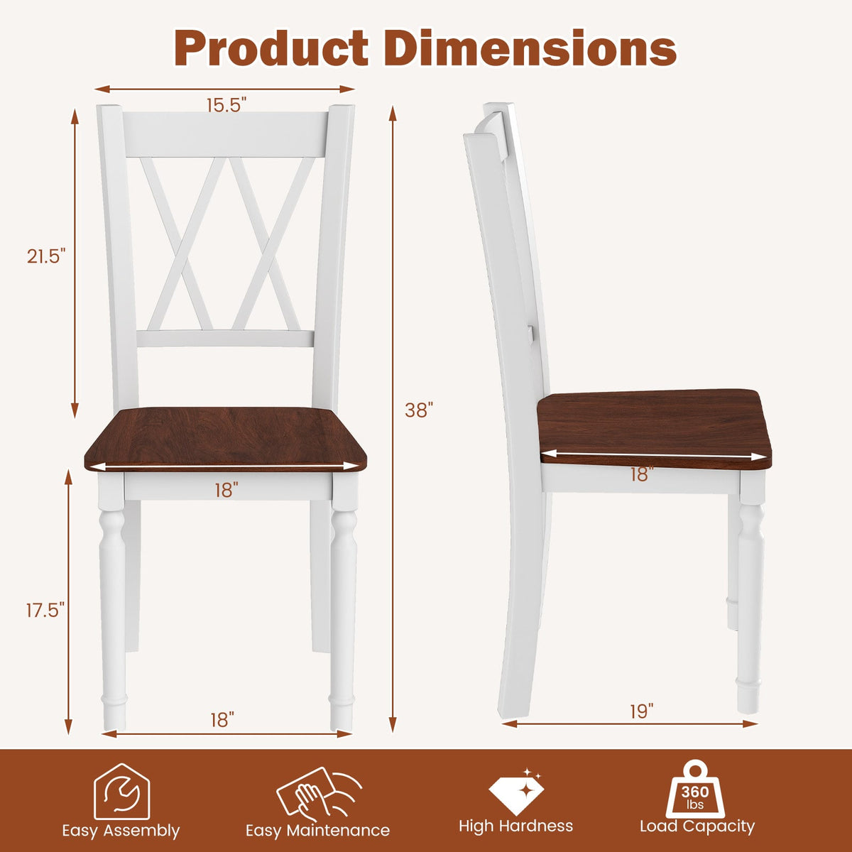 Set of 2 Wooden Farmhouse Kitchen Chairs with Rubber Wood Seat-2 Pieces-Dining Chairs-DECOROLALA