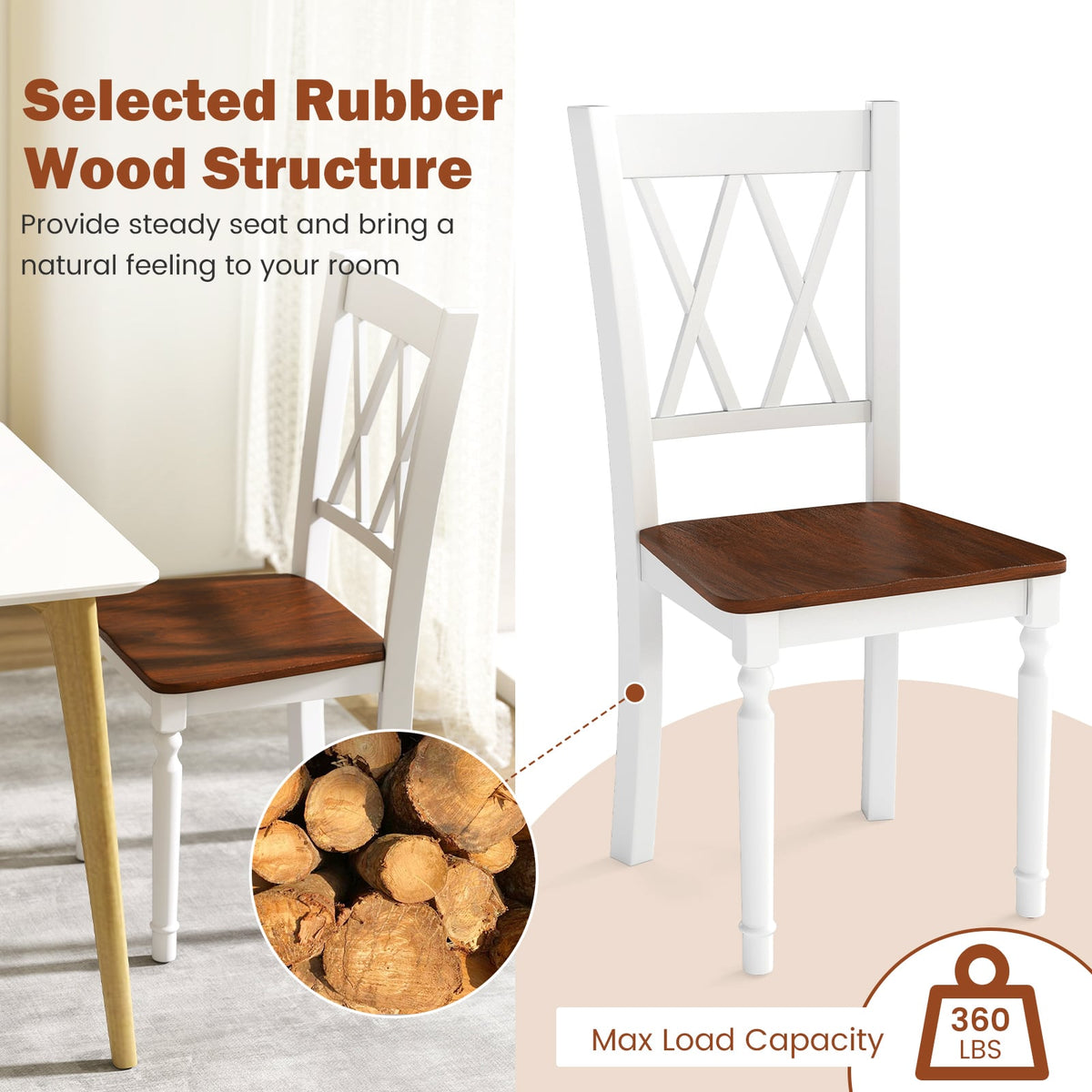 Set of 2 Wooden Farmhouse Kitchen Chairs with Rubber Wood Seat-2 Pieces-Dining Chairs-DECOROLALA