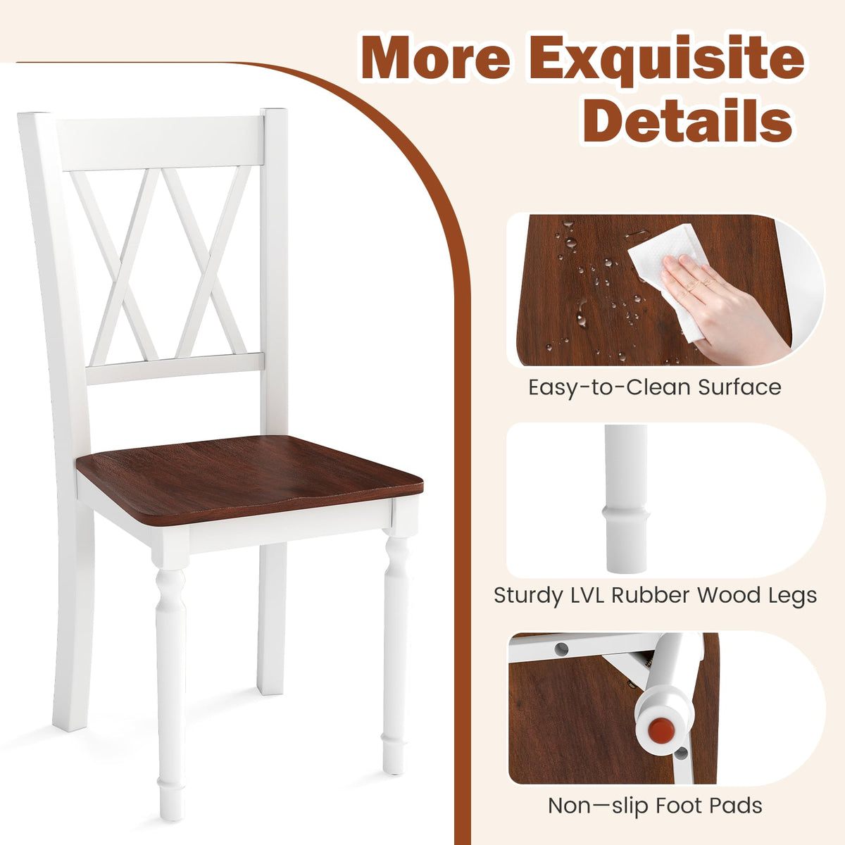 Set of 2 Wooden Farmhouse Kitchen Chairs with Rubber Wood Seat-2 Pieces-Dining Chairs-DECOROLALA