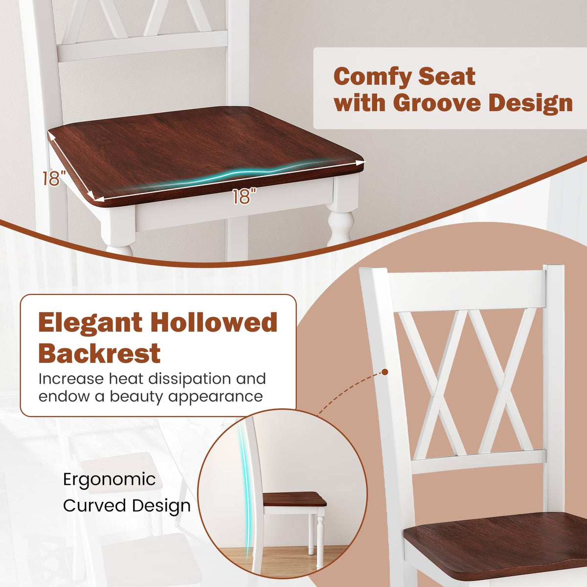 Set of 2 Wooden Farmhouse Kitchen Chairs with Rubber Wood Seat-2 Pieces-Dining Chairs-DECOROLALA