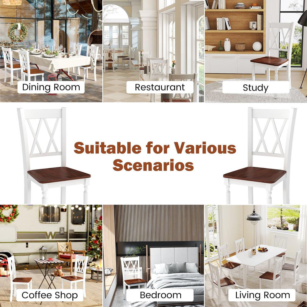 Set of 2 Wooden Farmhouse Kitchen Chairs with Rubber Wood Seat-2 Pieces-Dining Chairs-DECOROLALA