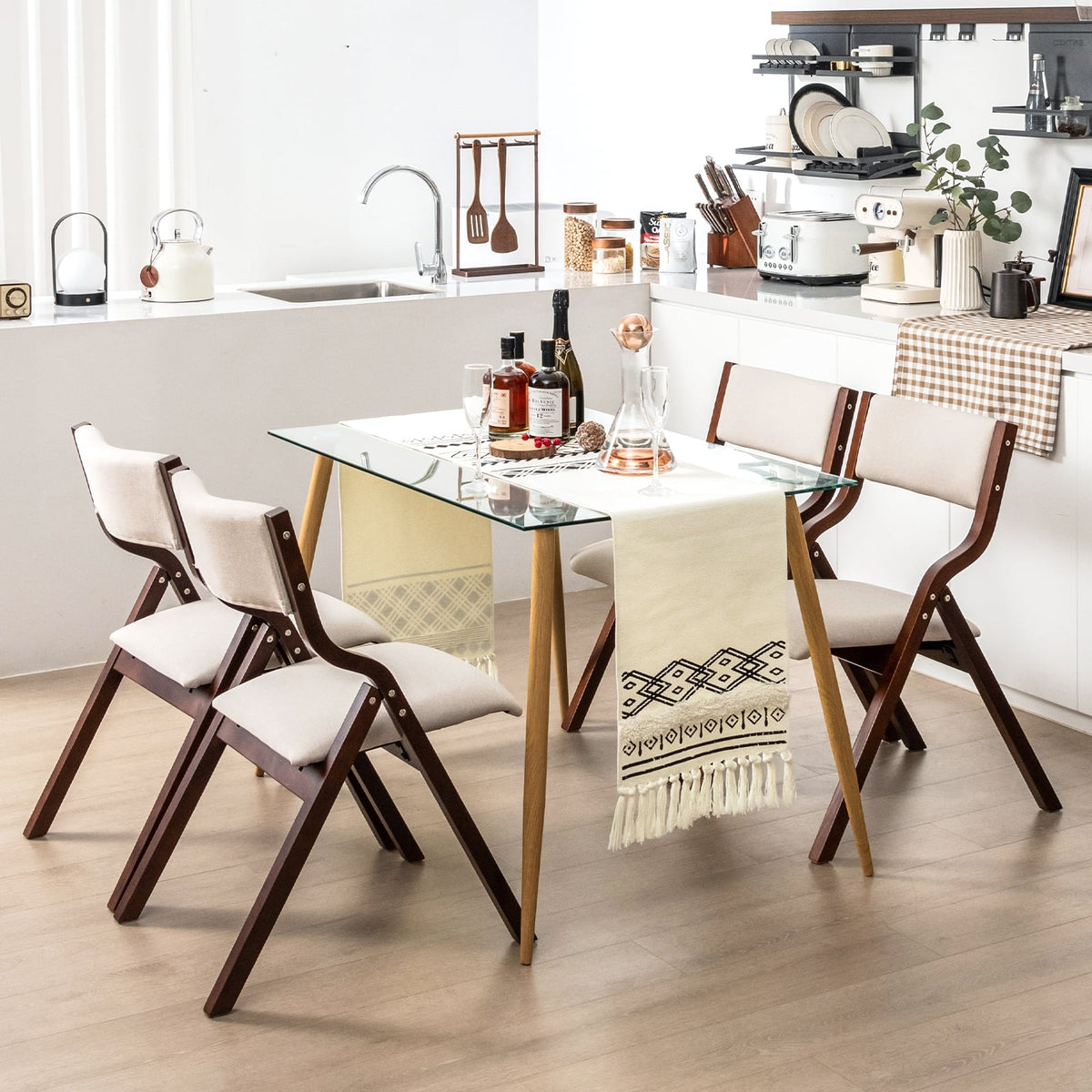 Set of 2 Wooden Folding Dining Chair with Linen Fabric Padded Seat and Backrest-Coffee-Dining Chairs-DECOROLALA