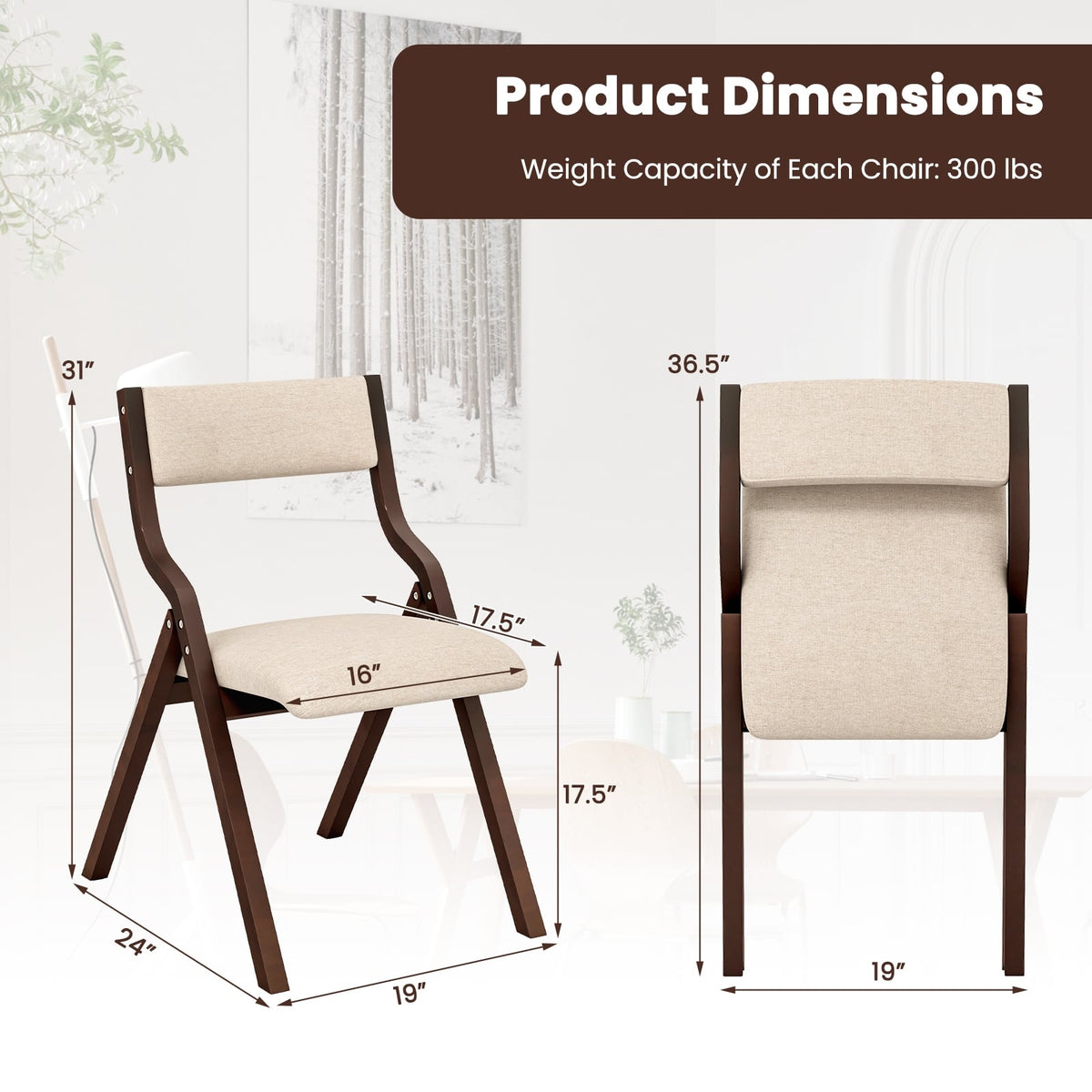 Set of 2 Wooden Folding Dining Chair with Linen Fabric Padded Seat and Backrest-Coffee-Dining Chairs-DECOROLALA