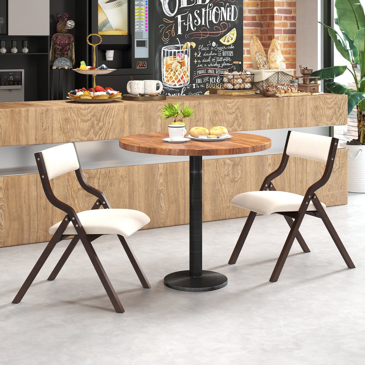 Set of 2 Wooden Folding Dining Chair with Linen Fabric Padded Seat and Backrest-Coffee-Dining Chairs-DECOROLALA