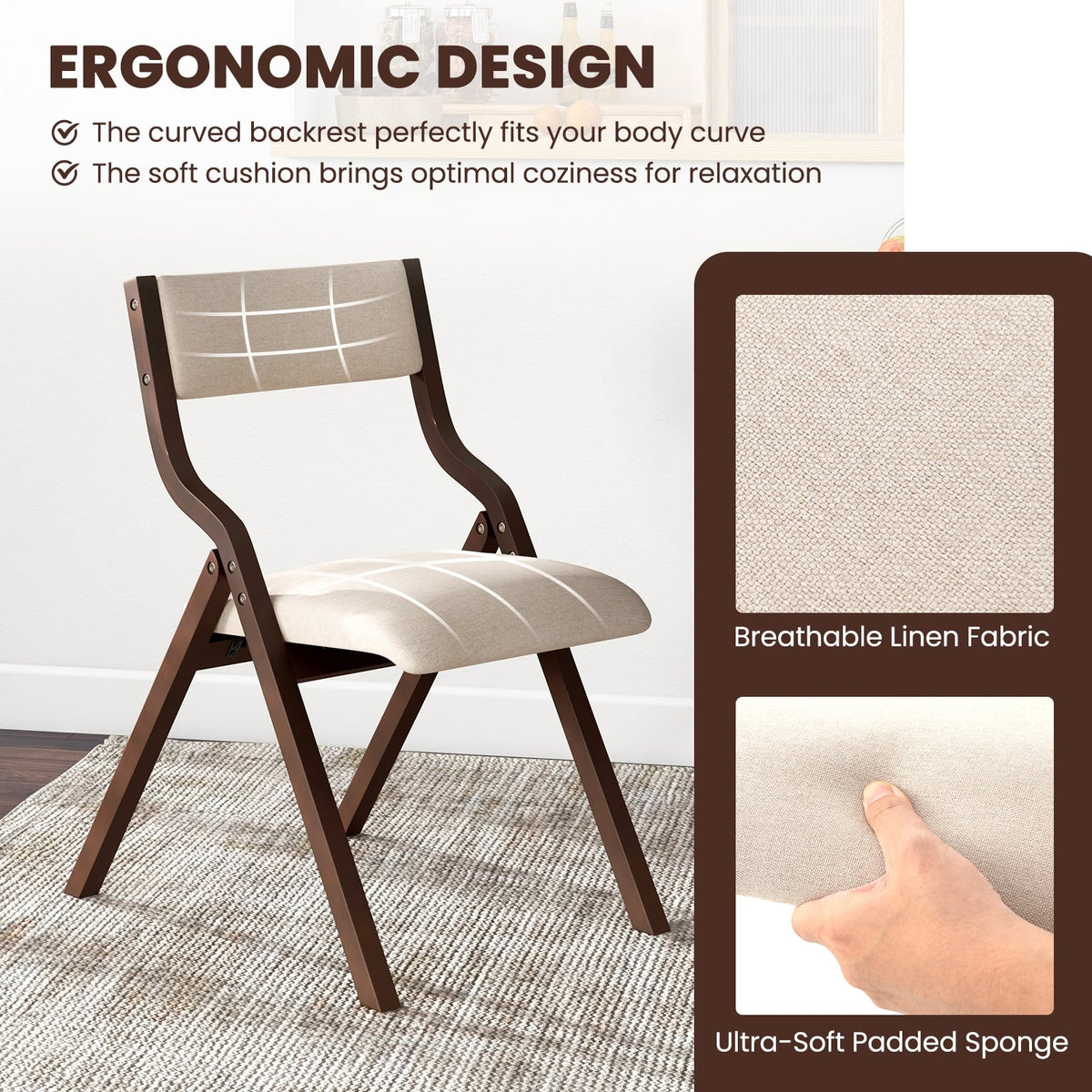 Set of 2 Wooden Folding Dining Chair with Linen Fabric Padded Seat and Backrest-Coffee-Dining Chairs-DECOROLALA