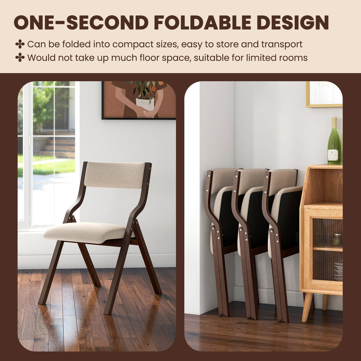 Set of 2 Wooden Folding Dining Chair with Linen Fabric Padded Seat and Backrest-Coffee-Dining Chairs-DECOROLALA