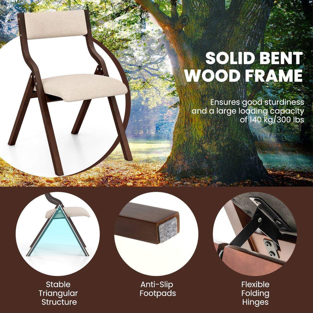 Set of 2 Wooden Folding Dining Chair with Linen Fabric Padded Seat and Backrest-Coffee-Dining Chairs-DECOROLALA