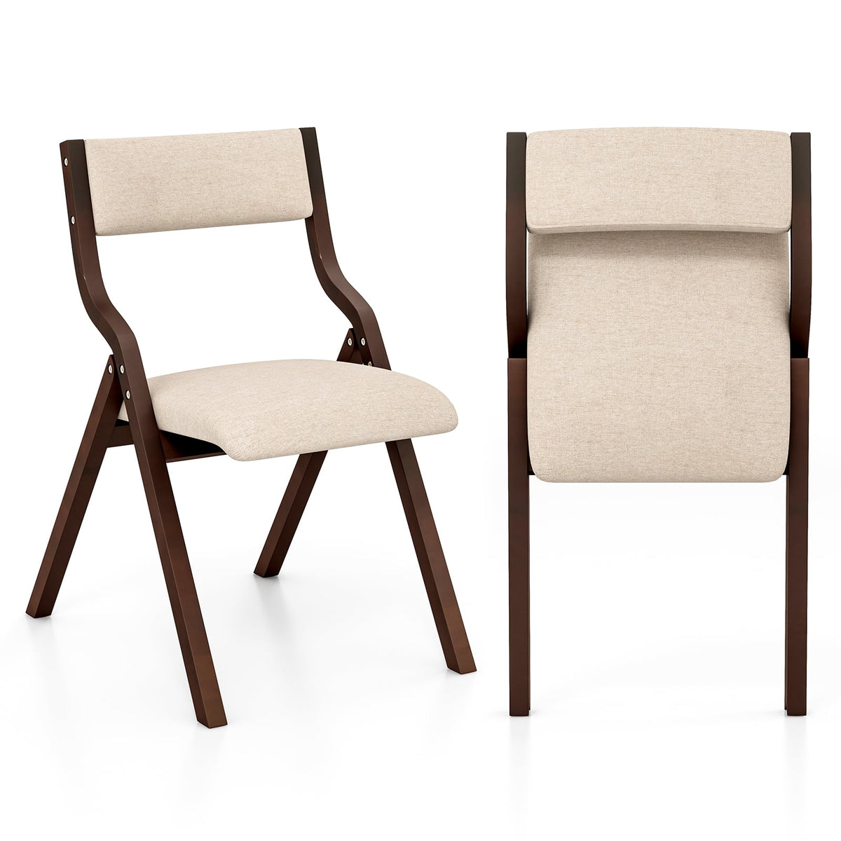 Set of 2 Wooden Folding Dining Chair with Linen Fabric Padded Seat and Backrest-Coffee-Dining Chairs-DECOROLALA