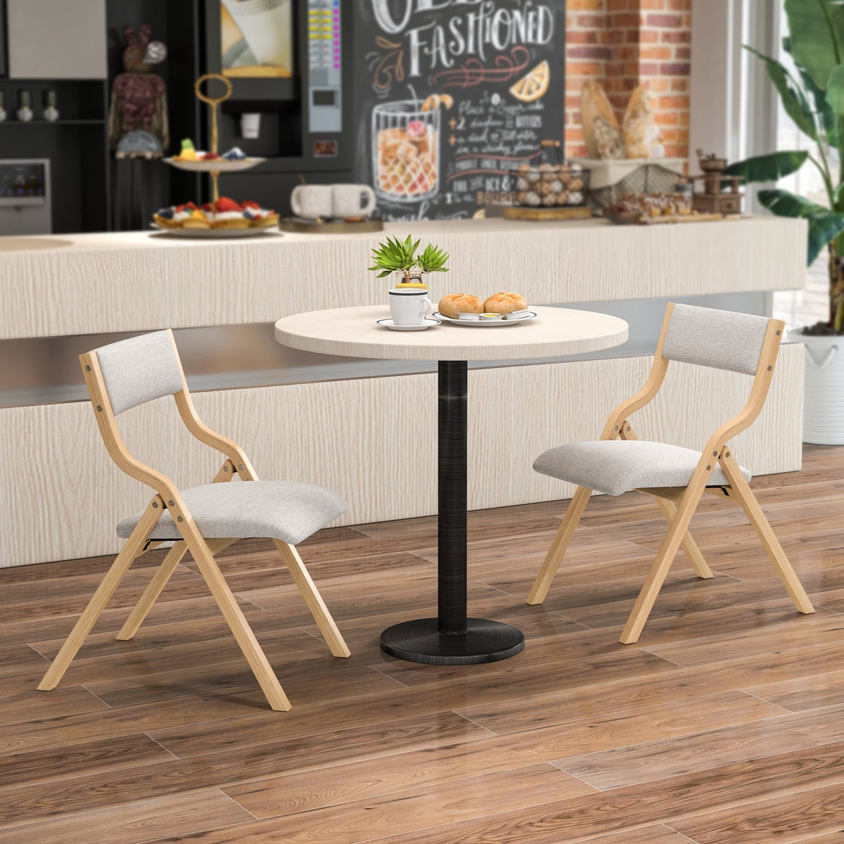 Set of 2 Wooden Folding Dining Chair with Linen Fabric Padded Seat and Backrest-Natural-Dining Chairs-DECOROLALA