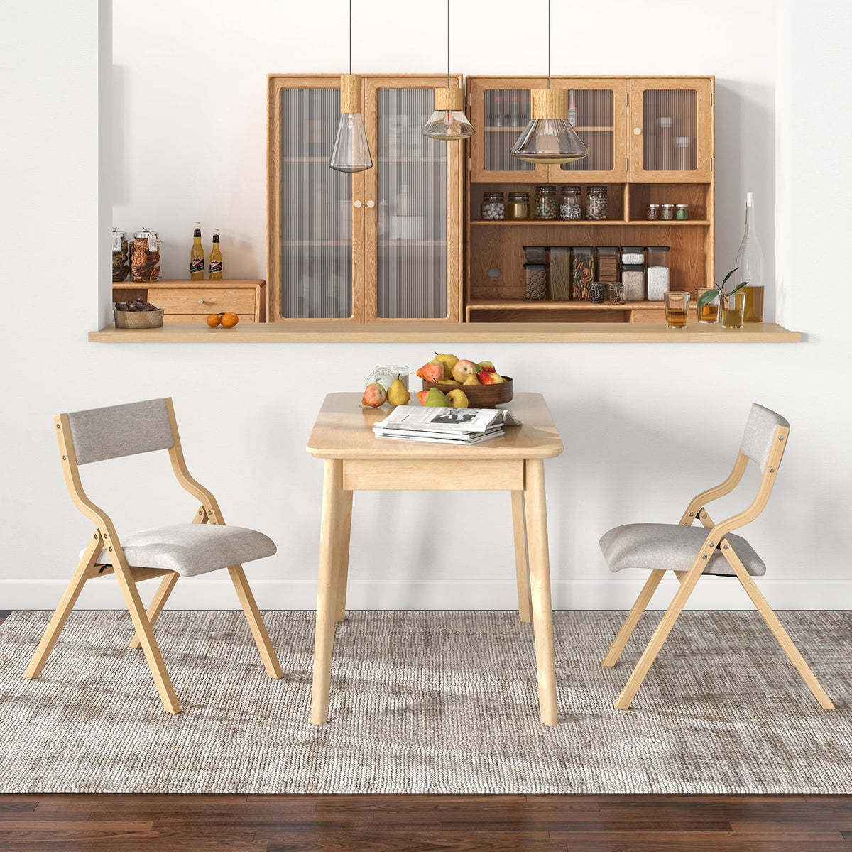 Set of 2 Wooden Folding Dining Chair with Linen Fabric Padded Seat and Backrest-Natural-Dining Chairs-DECOROLALA