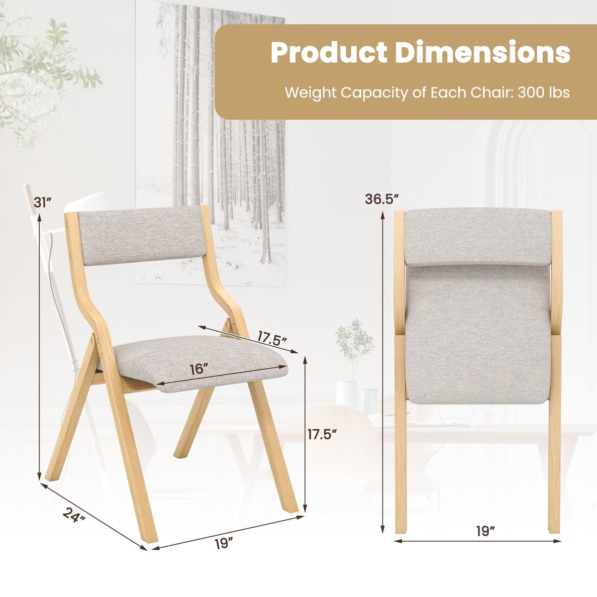 Set of 2 Wooden Folding Dining Chair with Linen Fabric Padded Seat and Backrest-Natural-Dining Chairs-DECOROLALA