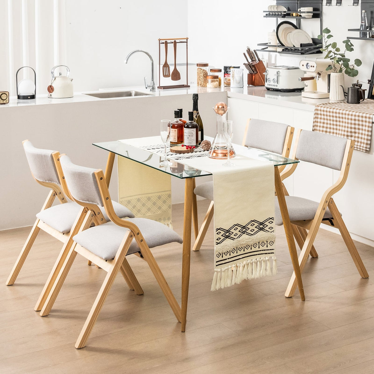 Set of 2 Wooden Folding Dining Chair with Linen Fabric Padded Seat and Backrest-Natural-Dining Chairs-DECOROLALA