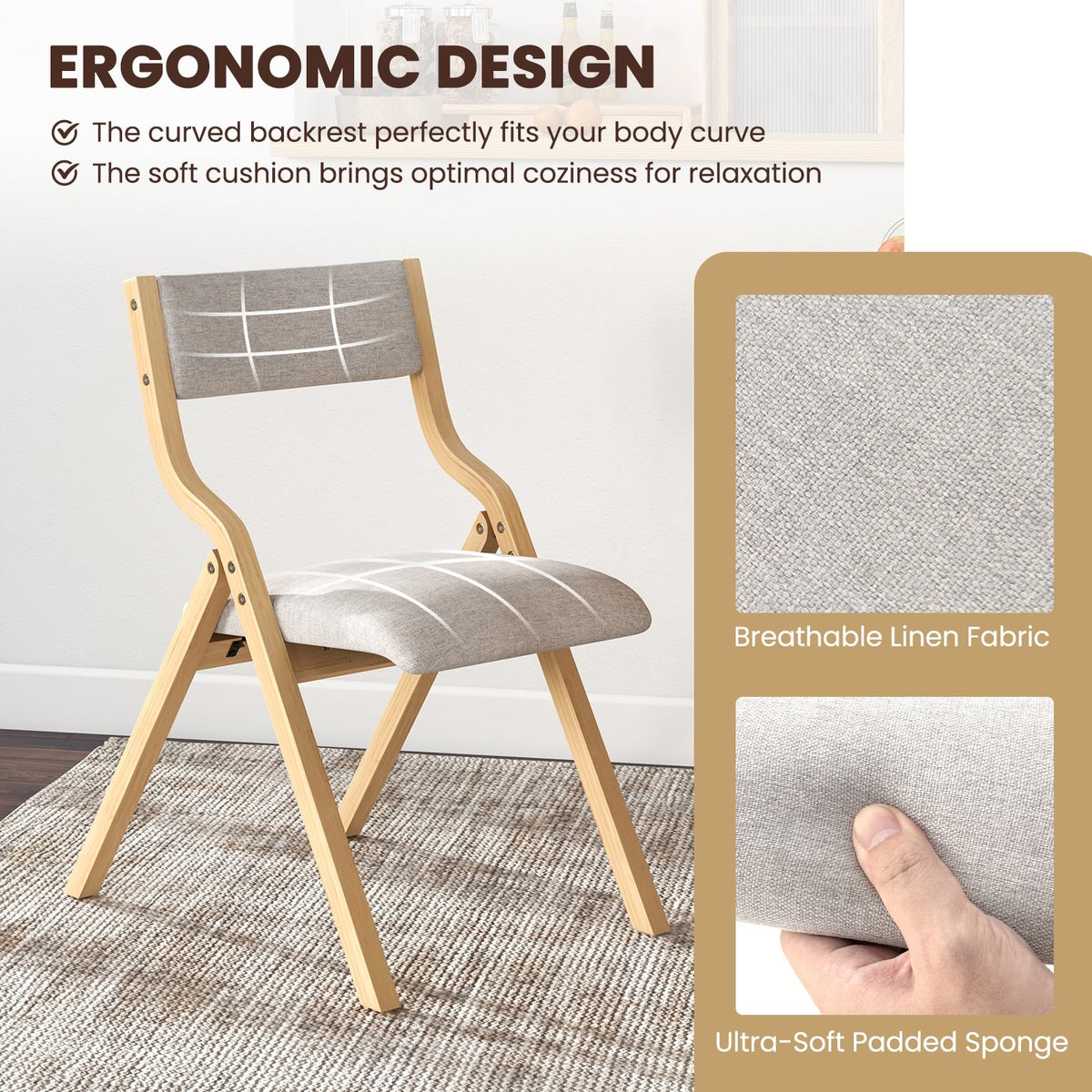 Set of 2 Wooden Folding Dining Chair with Linen Fabric Padded Seat and Backrest-Natural-Dining Chairs-DECOROLALA
