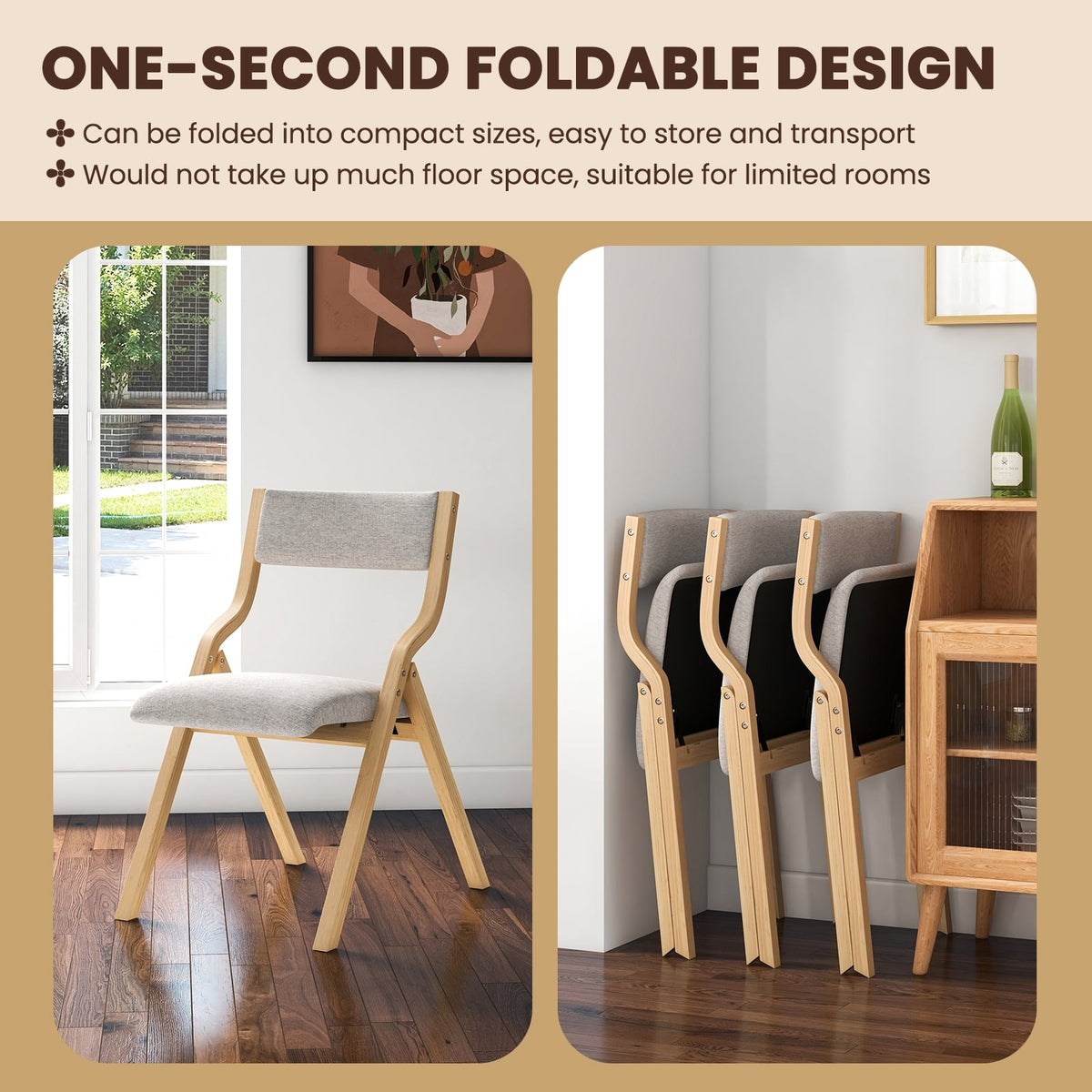 Set of 2 Wooden Folding Dining Chair with Linen Fabric Padded Seat and Backrest-Natural-Dining Chairs-DECOROLALA