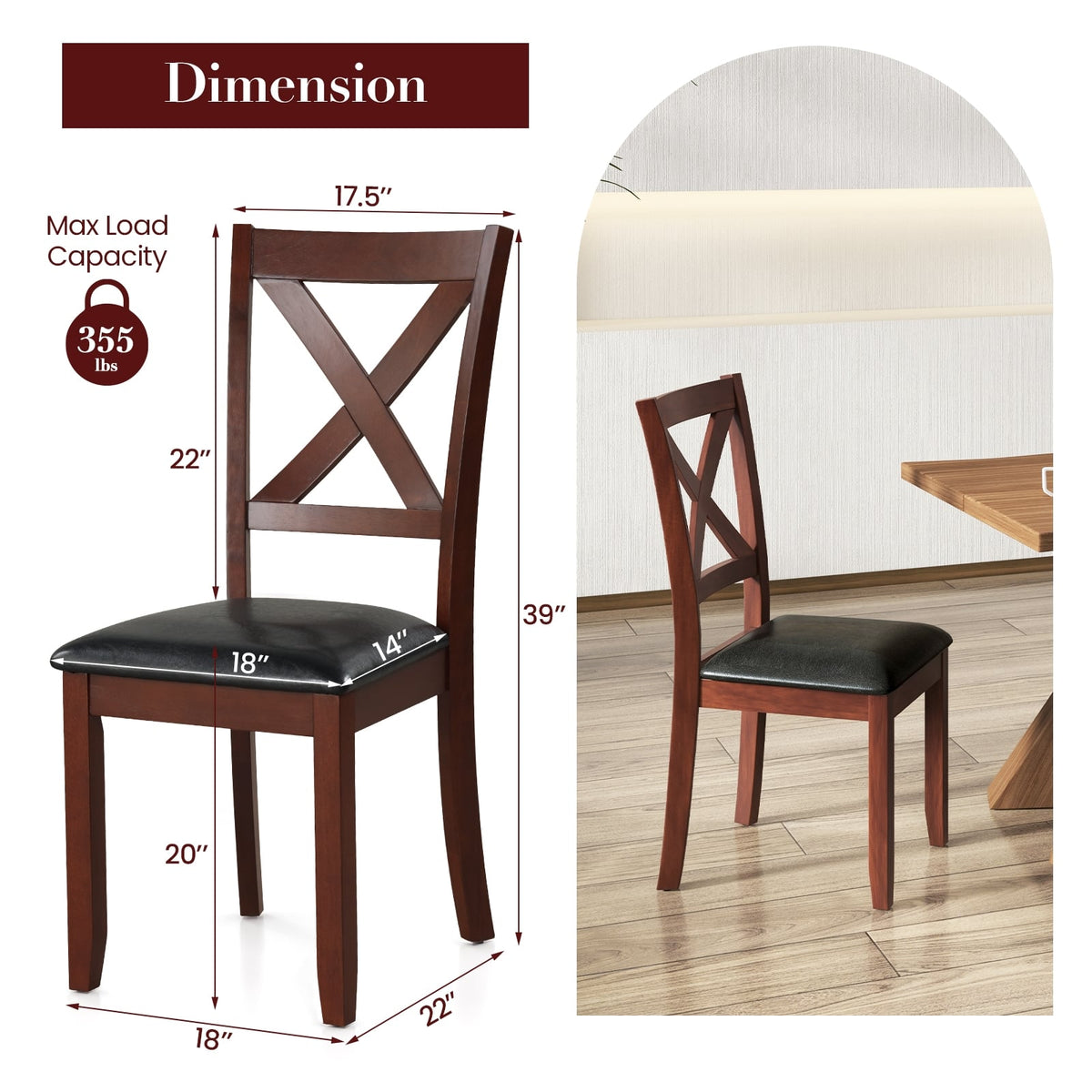 Set of 2 Wooden Kitchen Dining Chair with Padded Seat and Rubber Wood Legs-Black-Dining Chairs-DECOROLALA