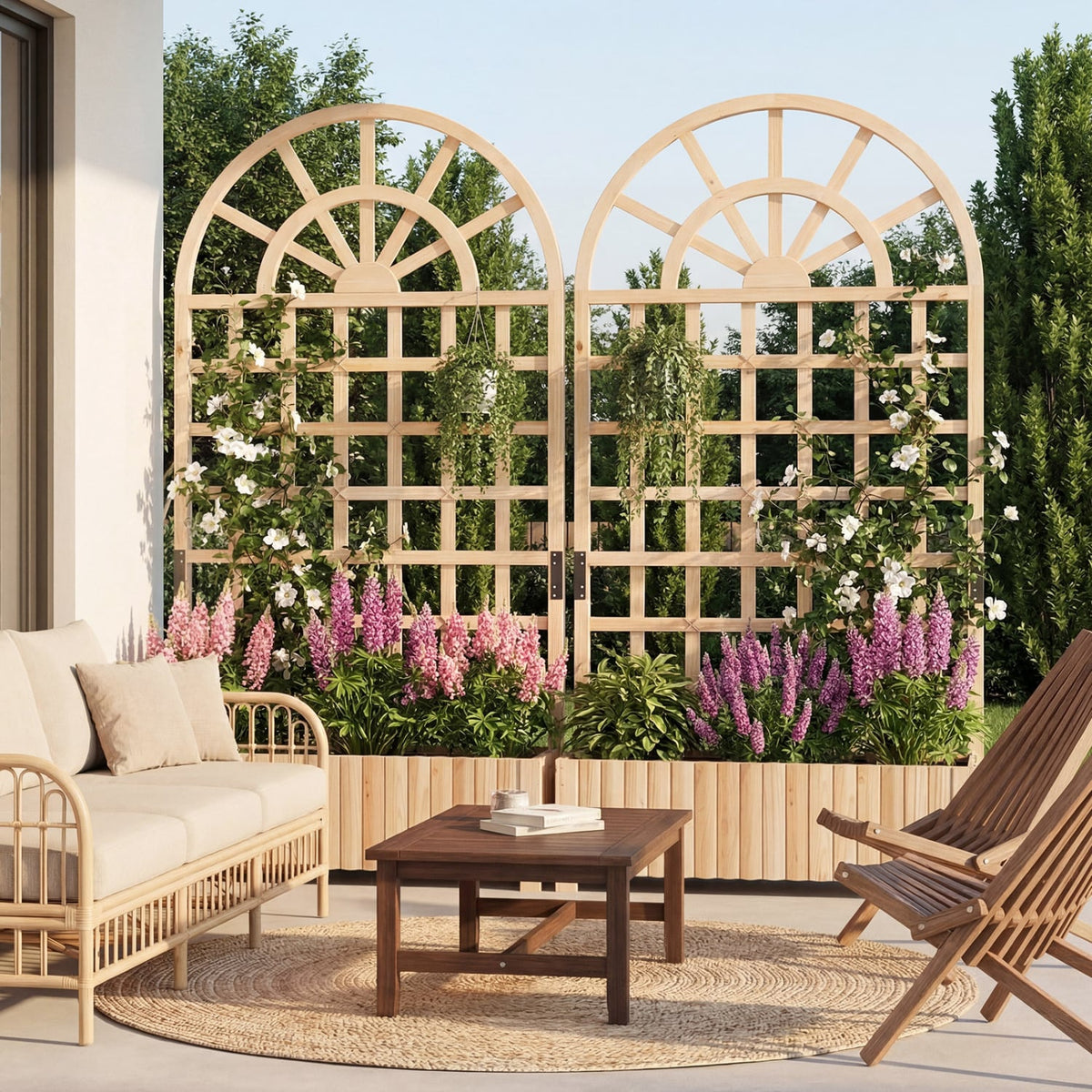 Set of 2 Wooden Raised Garden Bed with Trellis 71" Outdoor Planter Box Privacy Screen-Natural-Raised Garden Beds-DECOROLALA