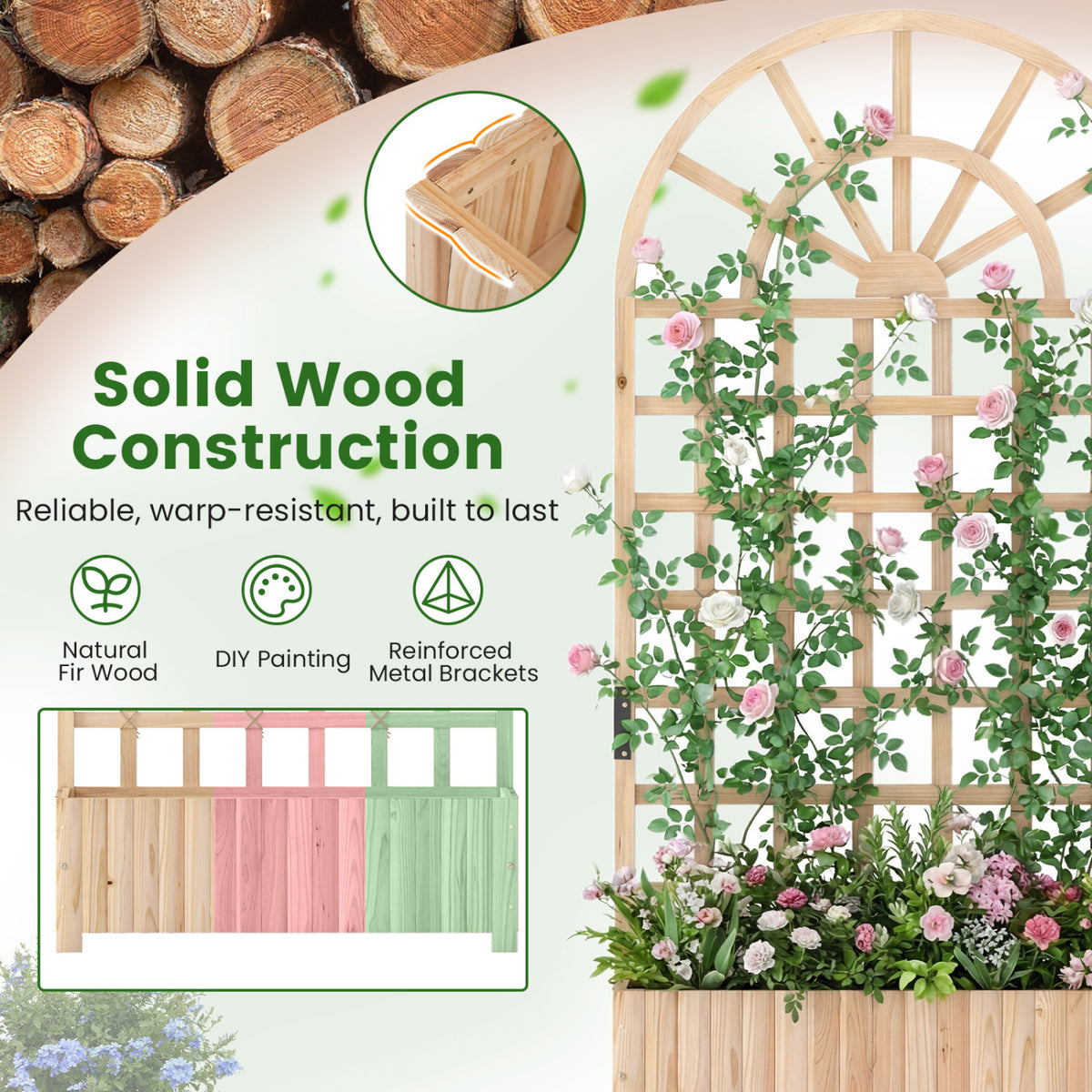 Set of 2 Wooden Raised Garden Bed with Trellis 71" Outdoor Planter Box Privacy Screen-Natural-Raised Garden Beds-DECOROLALA