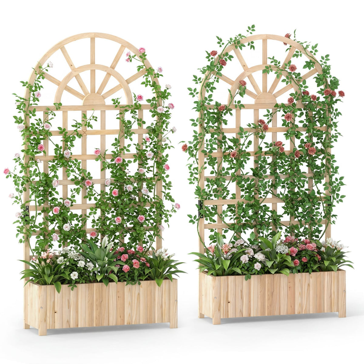 Set of 2 Wooden Raised Garden Bed with Trellis 71" Outdoor Planter Box Privacy Screen-Natural-Raised Garden Beds-DECOROLALA