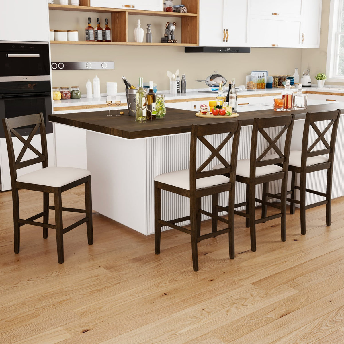 Set of 2 X-Back Bar Stools with Upholstered Cushioned Seats-Brown-Bar Stools-DECOROLALA