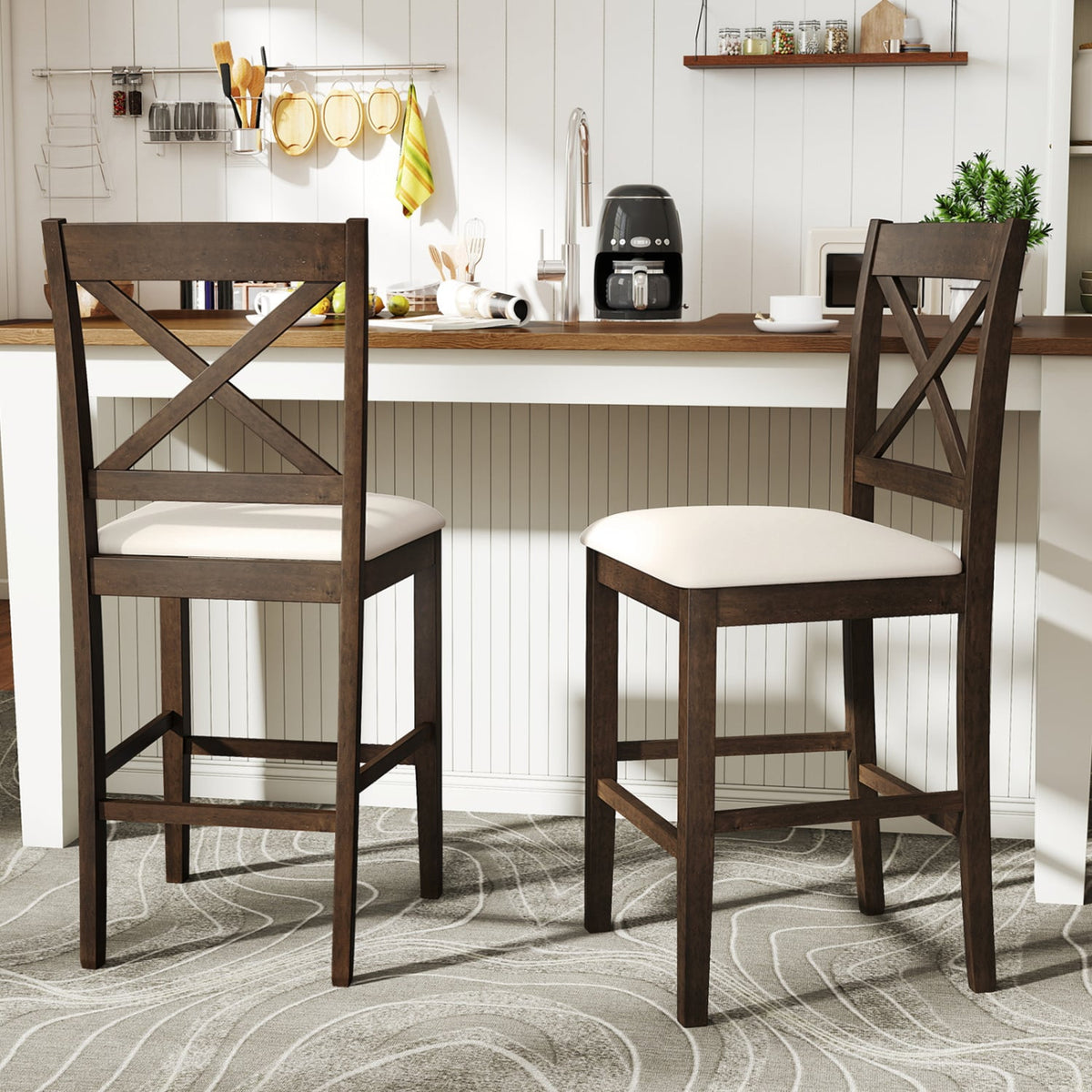 Set of 2 X-Back Bar Stools with Upholstered Cushioned Seats-Brown-Bar Stools-DECOROLALA