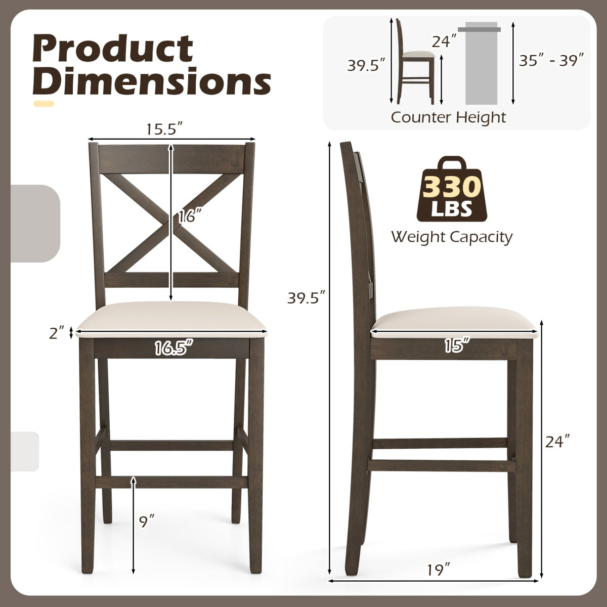 Set of 2 X-Back Bar Stools with Upholstered Cushioned Seats-Brown-Bar Stools-DECOROLALA