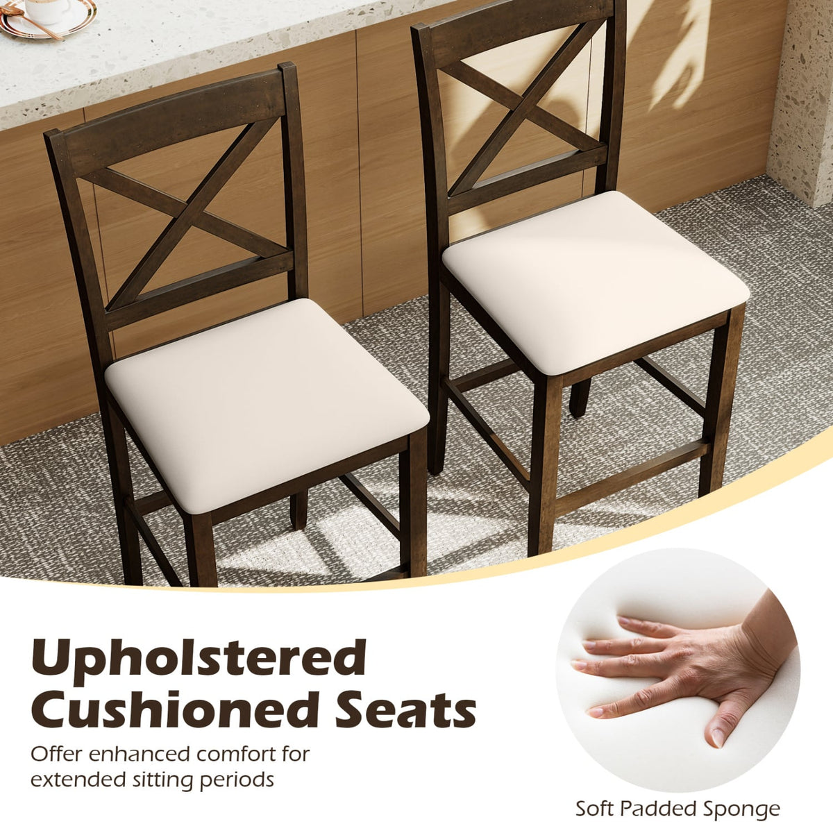 Set of 2 X-Back Bar Stools with Upholstered Cushioned Seats-Brown-Bar Stools-DECOROLALA